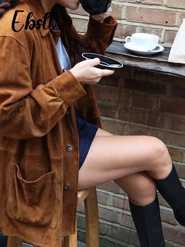 Zamszowe kurtki damskie z klapami w stylu vintage Luźne