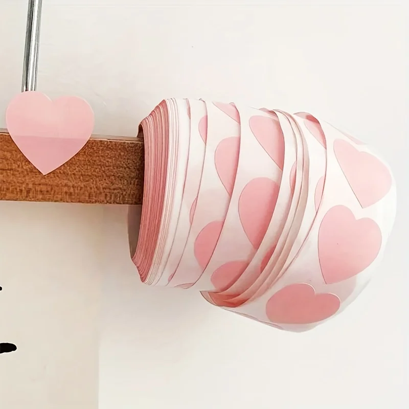 Enchanting Pink Heart Stickers - 500pcs/Roll Self-Adhesive Labels for Wedding and Gift Decoration