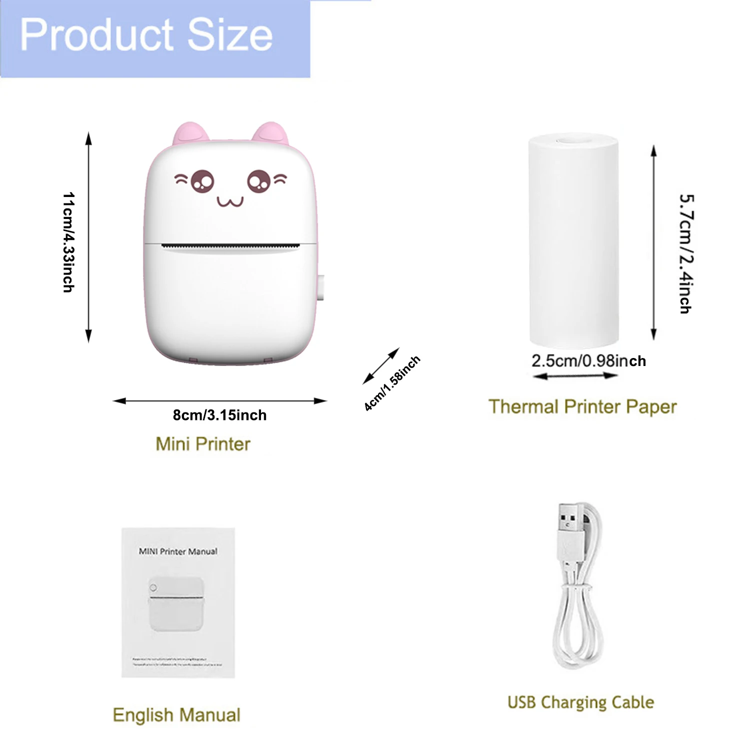 휴대용 포켓 미니 프린터 (스티커 롤 5개, 6색 용지, 5개 감열지, 1개 라벨 용지 포함), 모바일 연결 잉크리스 W