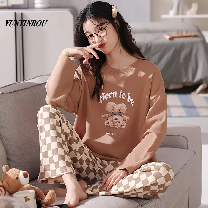 

Fake 1 For 2 Spring Combed Cotton Cartoon Bear Pajama Sets Women Pyjamas Striped Sleepwear Loungewear Pijama Mujer Nightwear PJ