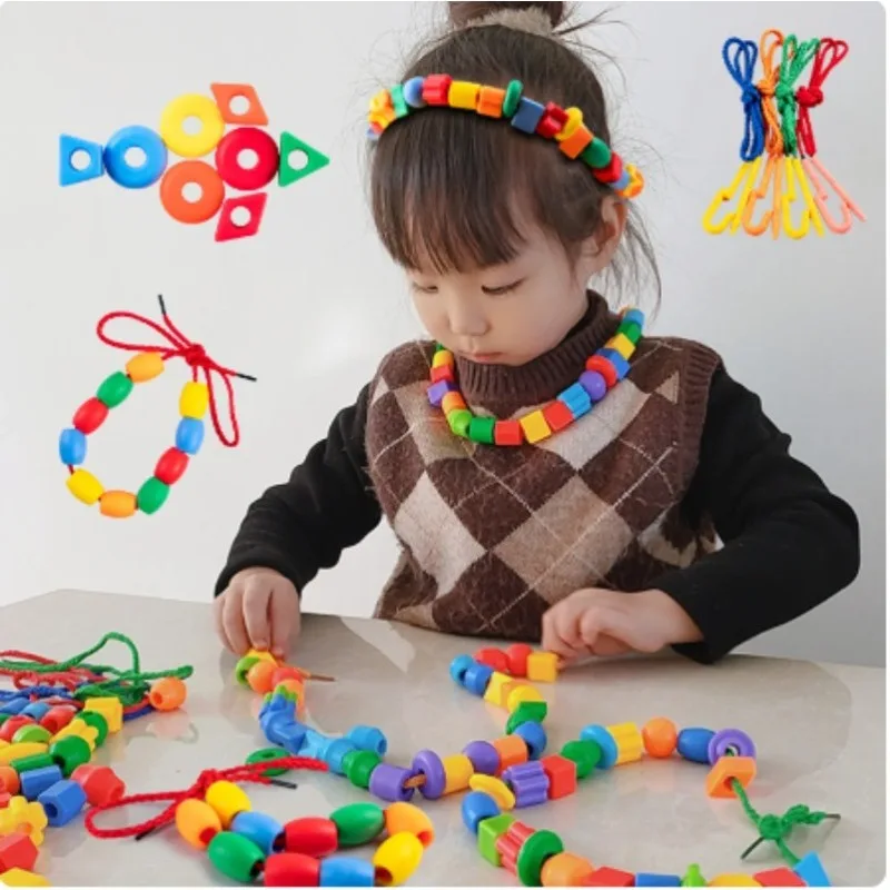 

Children Beaded Diy Handmade Puzzle Wearing Beads Building Blocks Educational toys EarlyEducation Geometry Shape Bracelet Toy