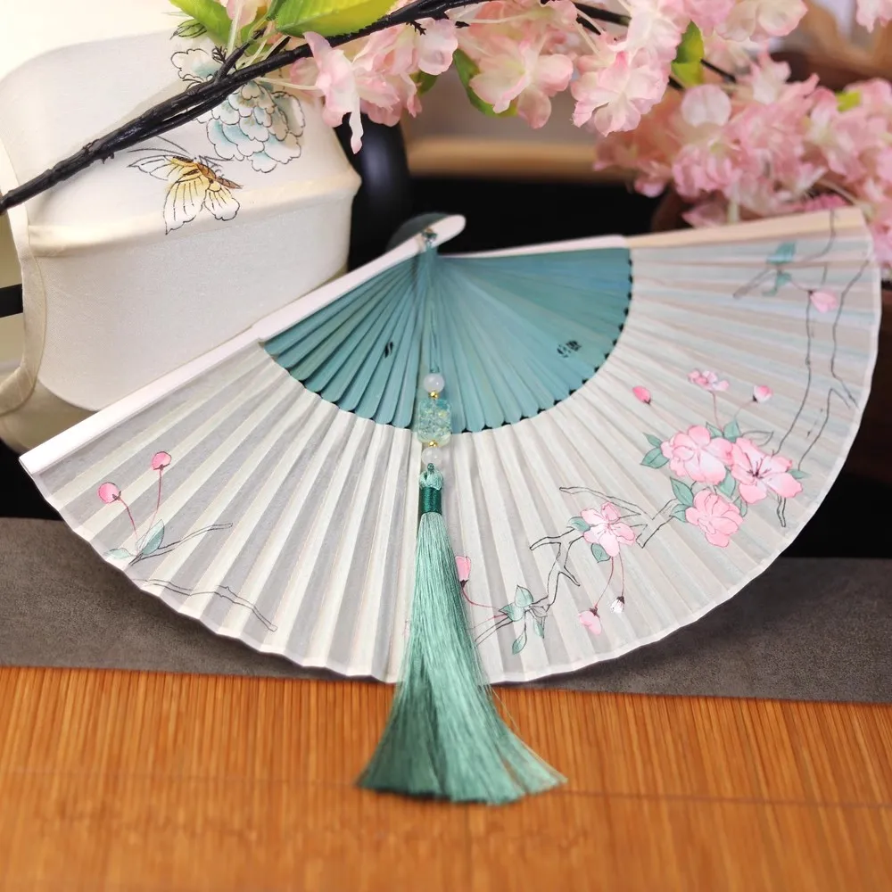 Chinese Ancient Folding Fan Handmade Bamboo Fan with Silk Print Cherry Blossom, Portable Traditional Fan for Dance/Hanfu/Qipao