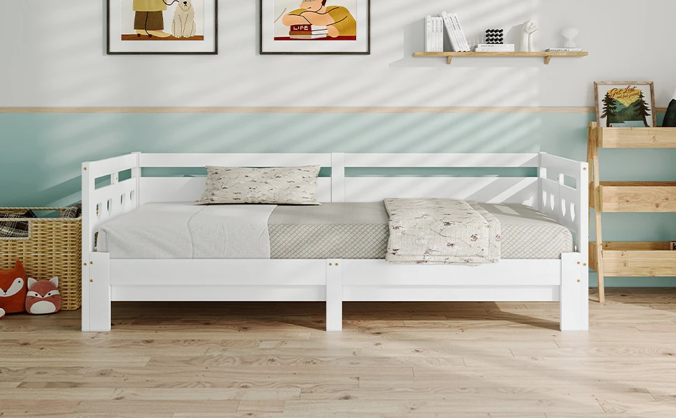 Tagesbett, ausziehbares Bett, aus massivem Kiefernholz, mit zweiter Schlafmöglichkeit und Lattenrost, herzförmiges Bett, weiß – Detail 14