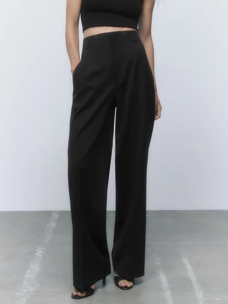 

Pants 2023 Women Clothing Office Elegant Zip Fly High Waist Straight Leg Trousers Side Pockets Topstitching Detail Long Pants