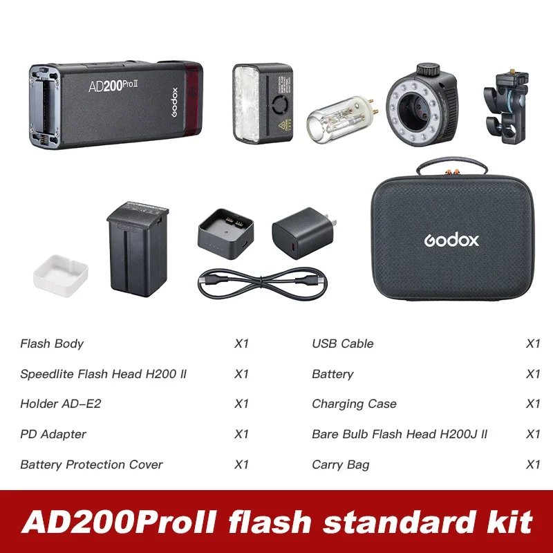 Godox AD200 pro II Flash 200Ws 1/8000 HSS 2980mAh Battery with 2.4G Wireiess X System Bi-color Modeling Lamp Speedlight Flash 6