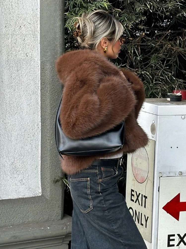 Vintage Brown Fluffy Faux Fur Short Coats Women Loose Lapel Buckle Jacket 2024 Winter New Lady High Street Warm Thick Outwear 4