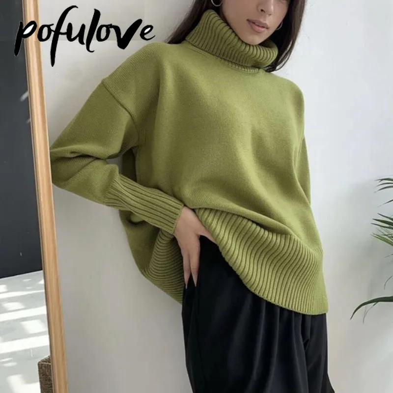

Turtleneck Sweater Women's Solid Loose Square Casual Knitwear Korean Long Sleeve Pullover Warm Green Jumper Autumn and Winter