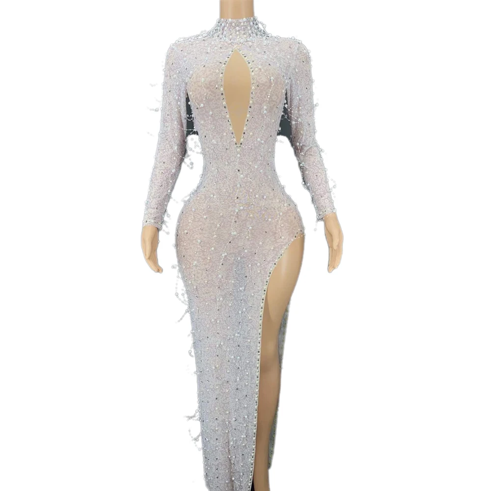 

Shining Rhinestones Pearls White Long Dress Short Sexy Women Sheath Clothing Party Club Birthday Wear Stage Singer Costumes