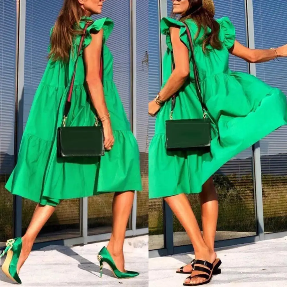 

Женское Повседневное платье-миди с широким подолом, однотонное платье с круглым вырезом, коротким рукавом и оборками, летнее ТРАПЕЦИЕВИДНОЕ ПЛАТЬЕ с оборками и лепестками