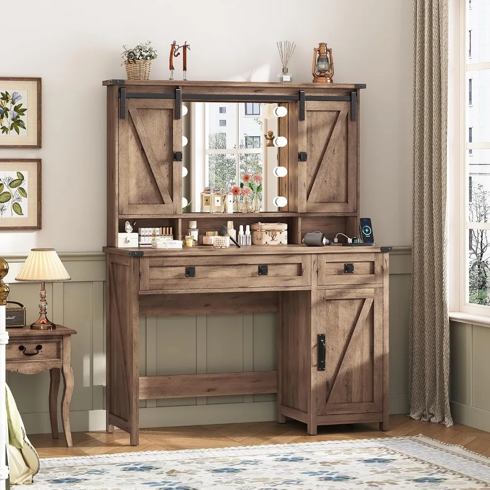 Farmhouse Vanity Desk with Mirror and Lights,41" Sliding Door Makeup Vanity with Charging Station,Large Vanity Table with Drawer 6
