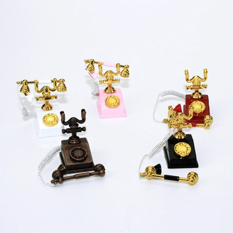 Alloy Vintage Rotary Telephone Mini Retro Phone Model Miniature Phone Dollhouse Baby House Accessories Home Decor