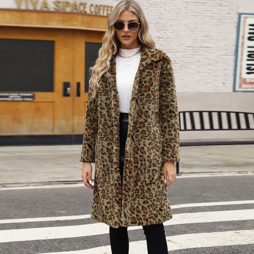 Autunno Inverno Cappotto Di Pelliccia Donna Moda Casual Collo Quadrato Imitazione Leopardo Cappotto Di Pelliccia Sintetica Peluche Cappotto Lungo Giac
