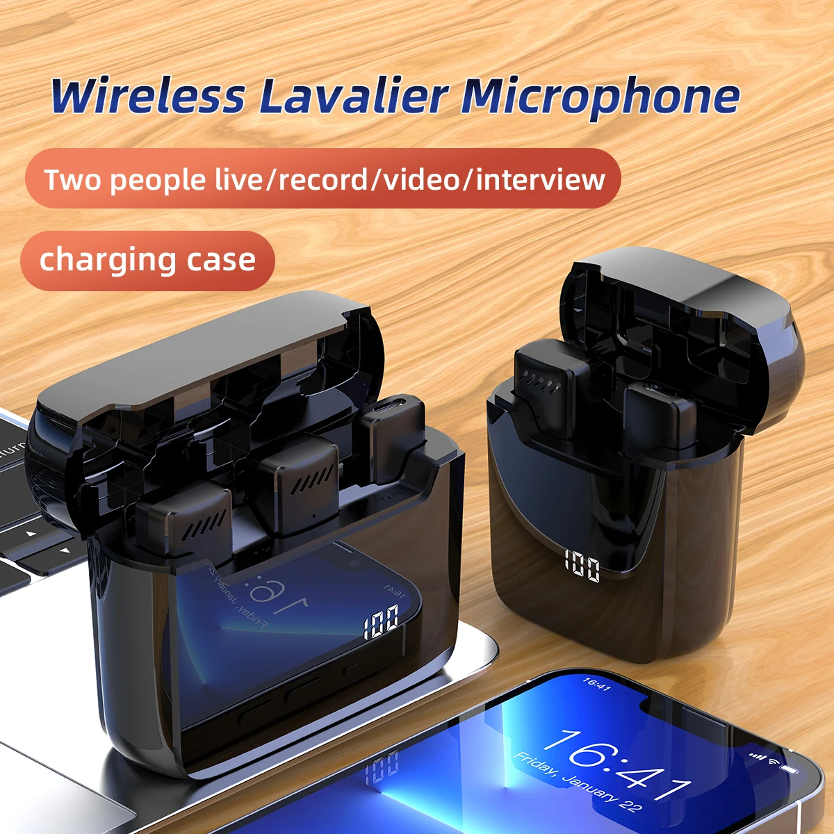 

Wireless Lapel Microphone with Display Charging Box Noise Reduction Wireless Lavalier Professional Mic for iPhone Android