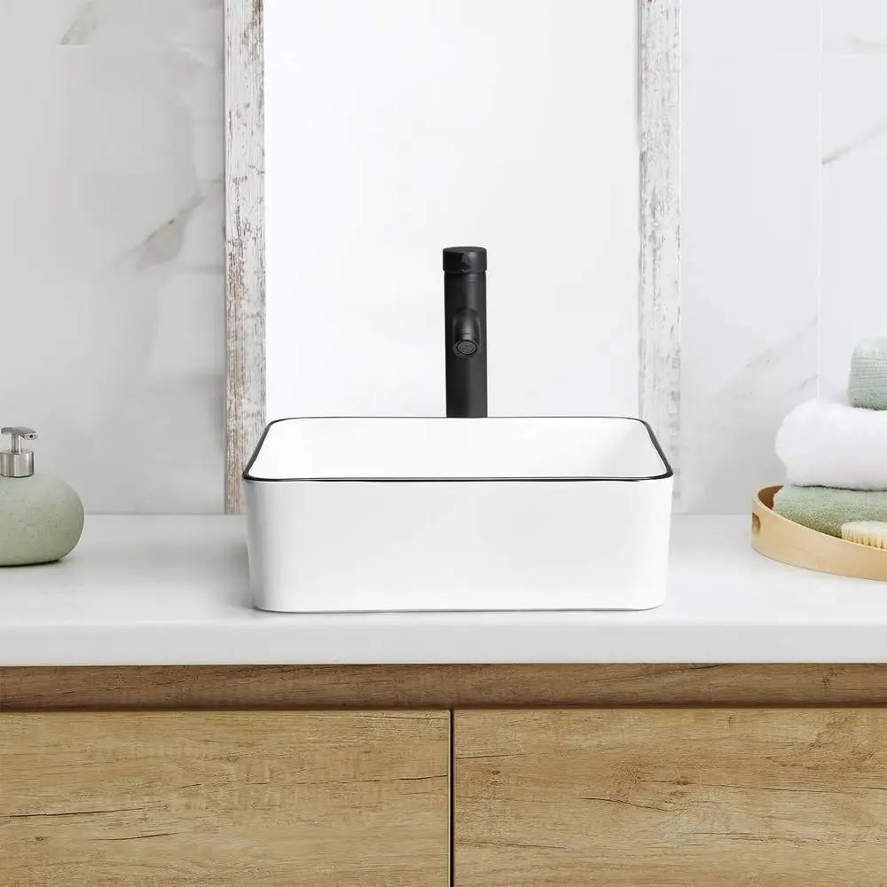 Rectangle Ceramic Vessel Sink White 16''x12'' Above Counter Small Porcelain Black Body Combo 4