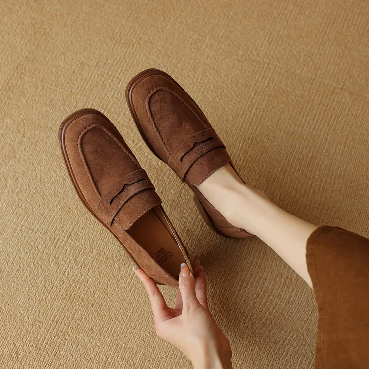 2026 Spring Sheep Suede Women Shoes Round Toe Chunky Heel Women Pumps Shoes for Women Deep Mouth Loafers Low Heels Ladies Shoes