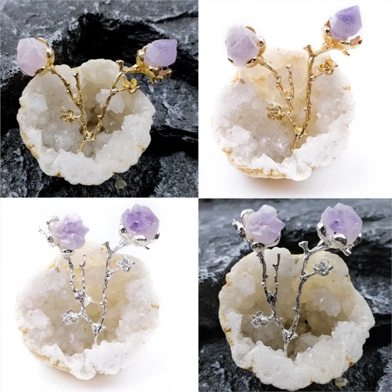 

Agate Crystal Hole Flower Branch Inlaid Amethyst Rabbit Hair Black Tourmaline Specimen Healing Crystals Ornaments Decoration
