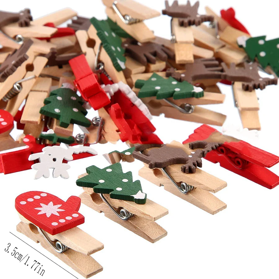 25pcs Mixed Styles Christmas Wood Clips Christmas Tree Photo Clips Elk Gloves Snowflake Clothespins DIY Photo Pegs for  New Year