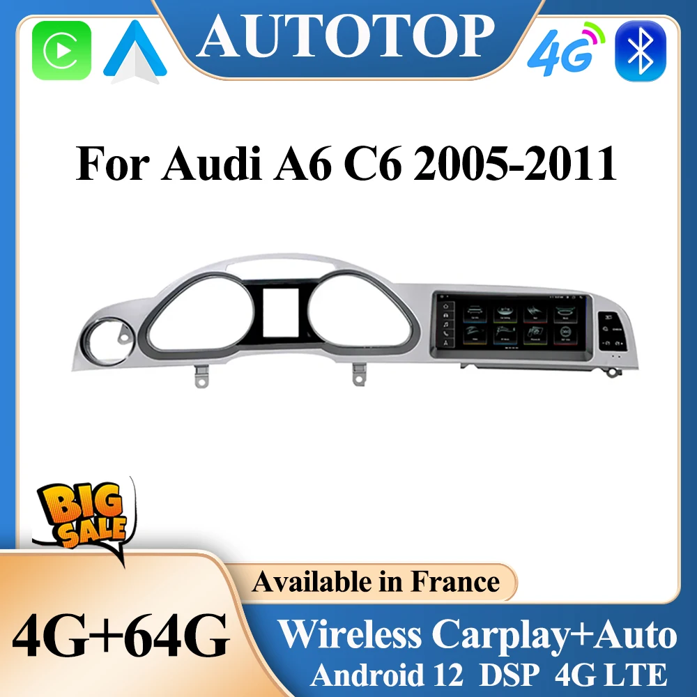 AUTOTOP 8.8" Android 12 Car Video Player For Audi A6 C6 2005-2012 4G Wifi DSP Wireless Carplay 2Din Multimedia BT GPS Navigation