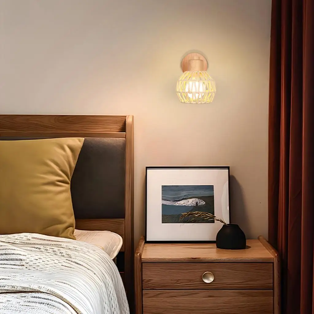 Hemp Rope Woven Wall Sconce Vintage Wood Wall Light Lighting Retro Rattan Bedside Lamp Industrial Living Room Bedroom Decor E27