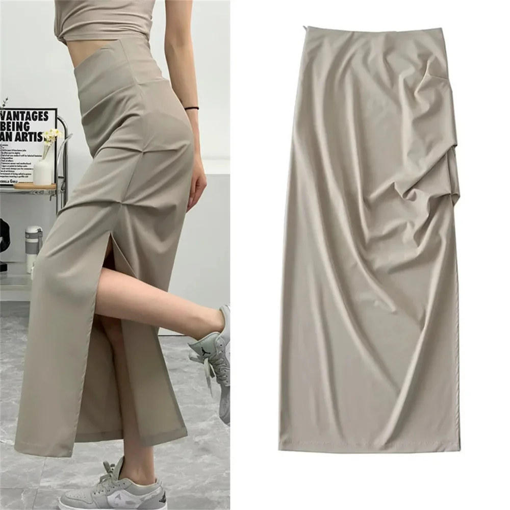 2024 Korean Sexy Side-slit Long Skirts for Women Summer Pure