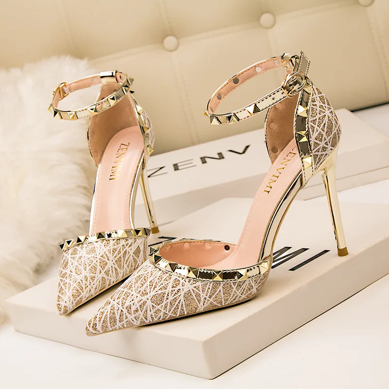 Sexy High Heel Women's Shoes Rivets Fine Heel High Heel Sequins Hollow Shallow Mouth Sandals Women Plus Size Women Shoes 41