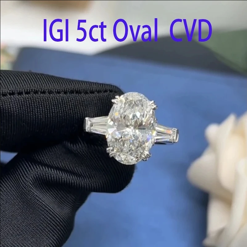 Igi 5Ct Solitaire Lab-Grown Diamond Oval Cvd Hpht Diamond Trilogy Anello In Oro Bianco 14K Def Vs