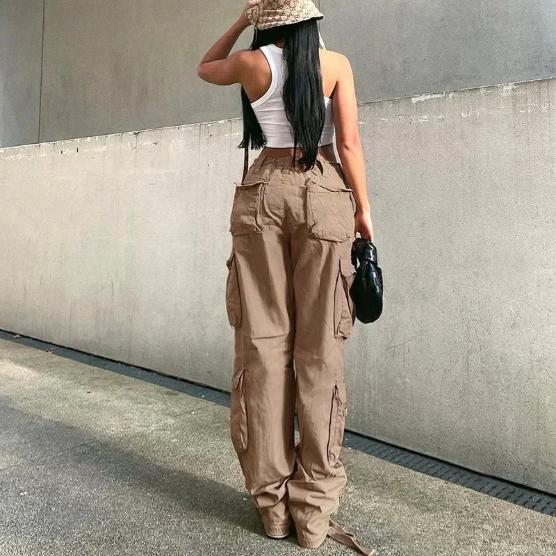 Women's Straight Cargo Pants Y2k Punk 2023 Autumn Fashion Soild