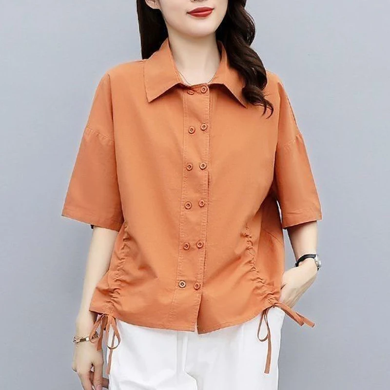 Women's Double Breasted Vintage Cotton Linen Shirt Summer Simple Casual Drawstring Loose Blouse Solid Short Sleeve Ladies Tops
