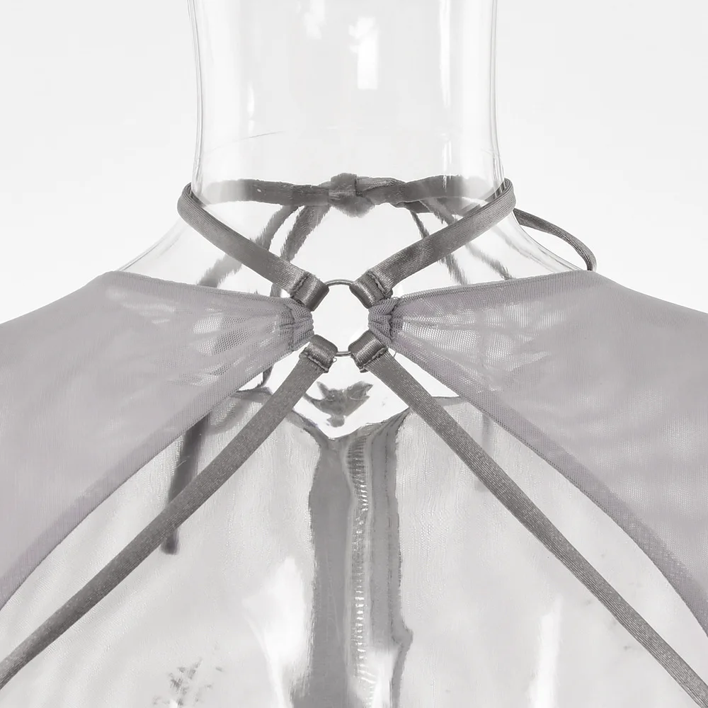 Asymmetrical See Through Sexy Women Clothes Solid Sheer Grey Elegant Corset Tops Club Mesh Outfits Long Sleeve Streetwear