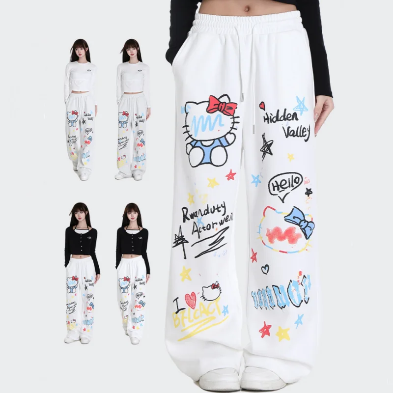 

Anime Hellokitty Graffiti Printed Sports Casual Pants Cartoon Sanrio Cute Warm Plus Velvet Loose Student Straight Trousers