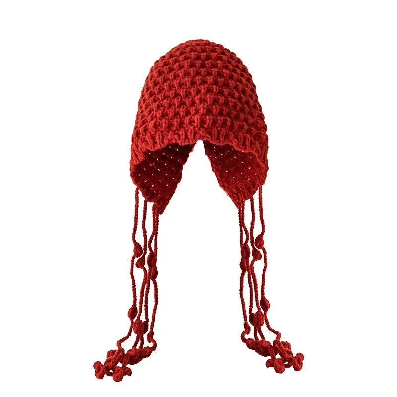 Autumn and Winter Handmade Fashion Tassel Thickened Warm Wrapped Head Cap Female Ear Protection Strapped Cap Knitted Wool Hat