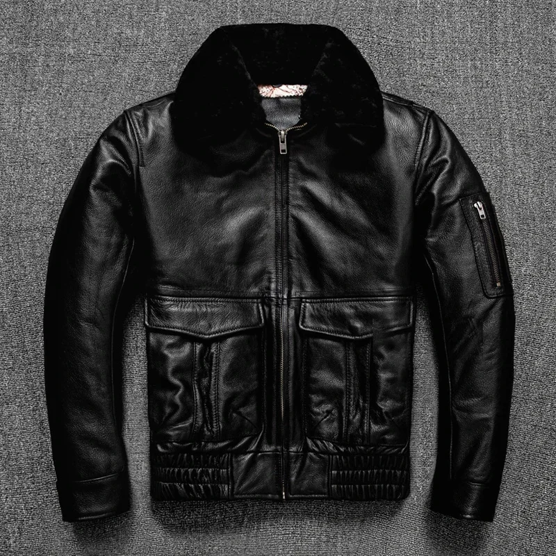 

Classic Flight Style Air Force Men Genuine Leather Jacket Black Plus Size Cowhide Aviation Coat Warm Cotton Clothes