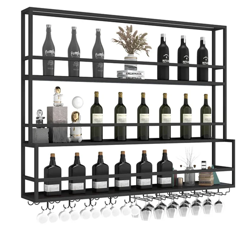 Luxury Wall-mounted Wine Rack for Kitchen Three-layer Iron Solid Showcase with Lights Modern Creative Household Shelf for Hotel