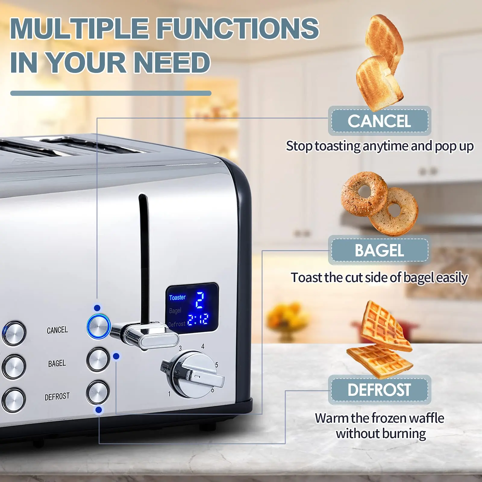 4 Stainless Steel Toaster,LED Display & Extra Wide Slots,6 Shade Settings,Cancel/Bagel/Defrost Function,Removable Crumb Tray 5