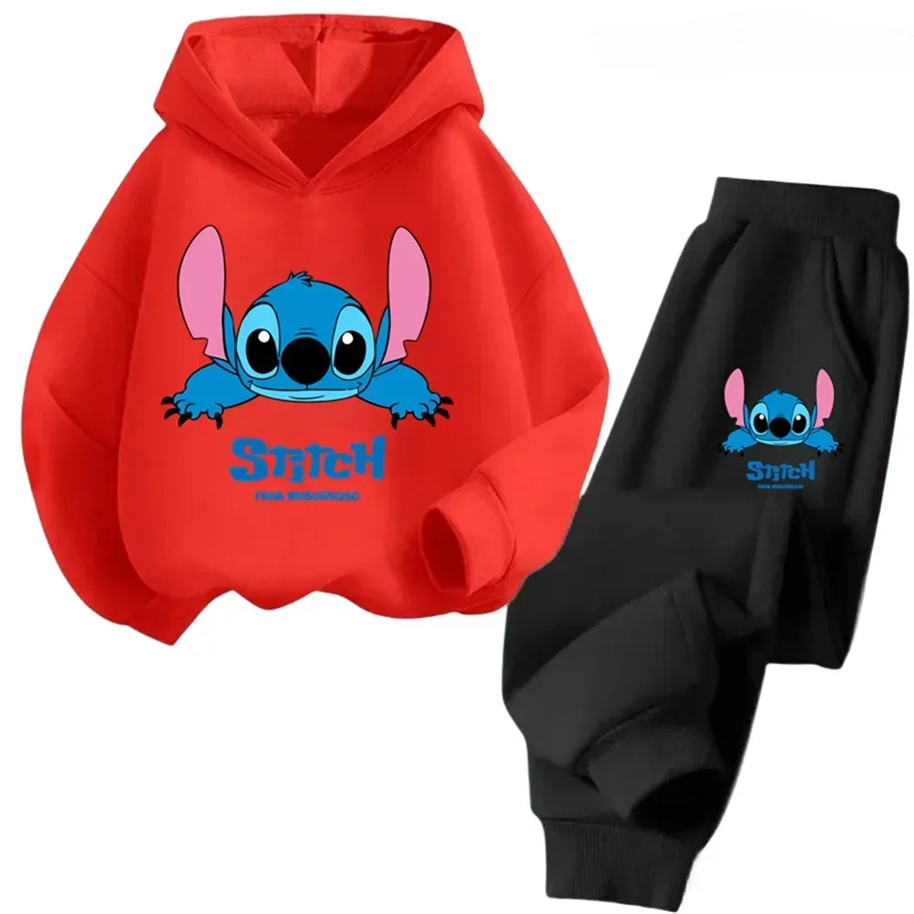Conjunto de 2 piezas de sudadera y pantalones con dibujos animados de Disney Stitch 2024 para niños, ropa de moda para primavera y otoño, sudadera para niños y niñas, traje deportivo para niños