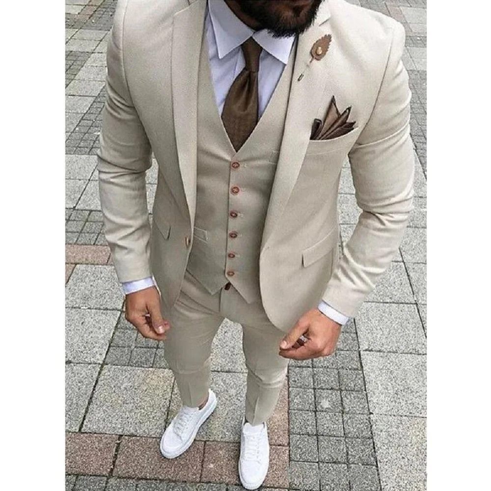 

2024 Beige Formal Suits for Men 3 Piece Smart Business Blazer Sets Wedding Groom Jacket Pants Vests Trajes Elegante Para Hombres