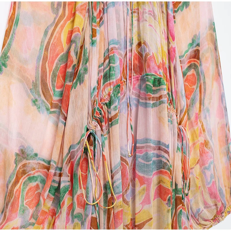 Retro Print Elegant Pleated Lantern Long Dress Sleeve V-neck Single Breasted Dress A-line Casual High Waist Women Summer Robe