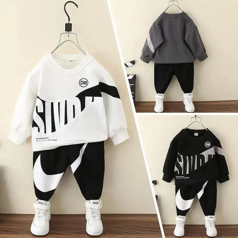 Autumn Boys Clothes New Children's Solid Color Letter Suit Boys Long-sleeved Pullover Trousers 2Pcs Set Baby Leisure Sports Suit