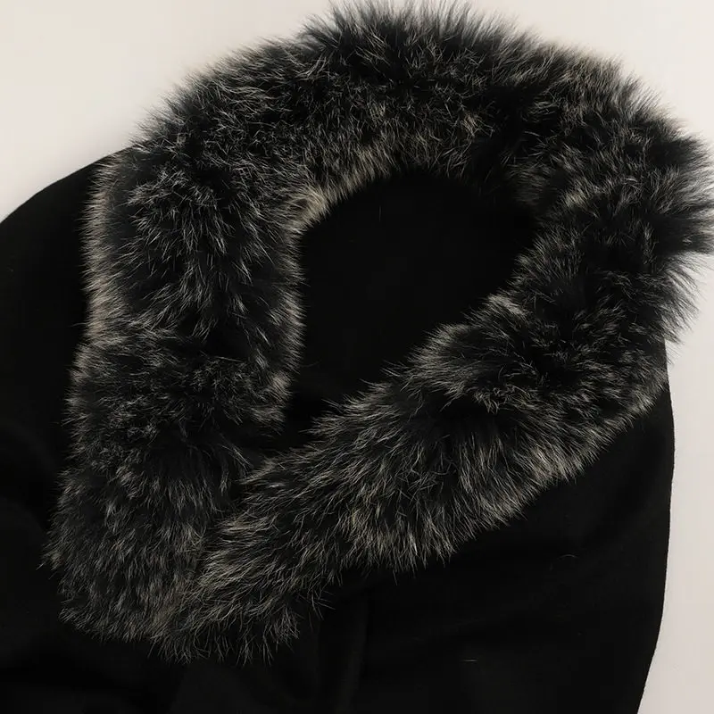 Luxuriöser Herbst-Winter 100% Wollschal mit Natürlichem Fuchspelzkragen Winddichter Warmer Modischer Damen-Umhang – Detail 12