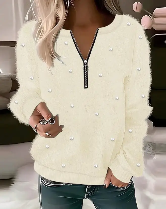 

Fashion Woman Blouse 2023 Spring Zipper Design Pearls Decor Casual Round Neck Plain Long Sleeve Daily Tee Fuzzy Top