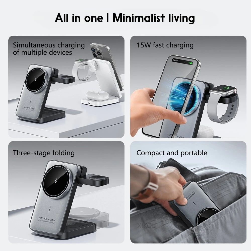 3 in 1 Travel Magnetic Wireless Charger Dock For Magsafe iPhone 17 16 15 Pro Max 14 13 12 iWatch 11-2 Airpods Pro Fast Charging