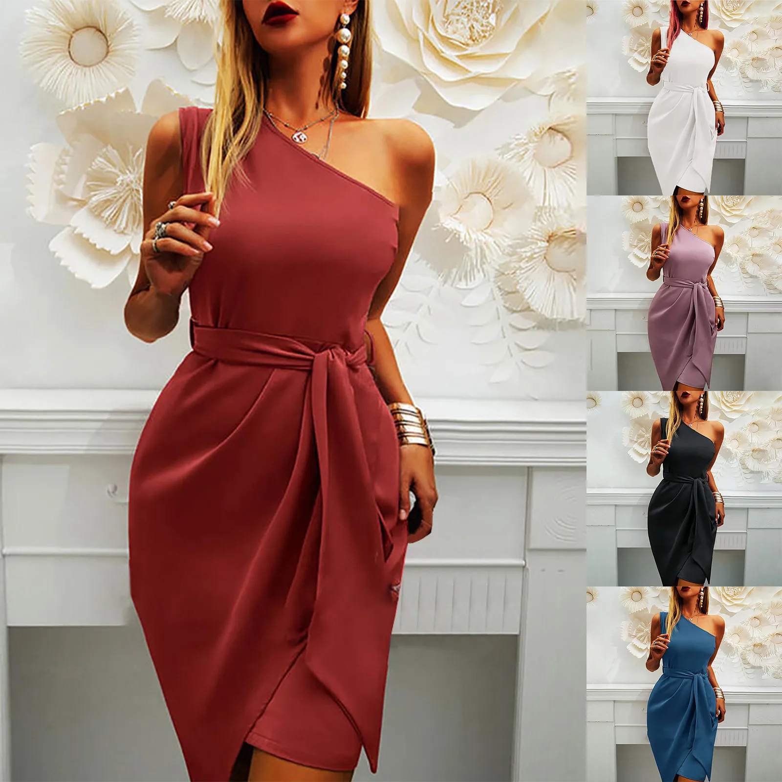 

Women'S Dresses Summer One Shoulder Slim Fit Casual Ruched Cocktail Party Club Tie Waist Mini Dress Evening Dresses Vestidos