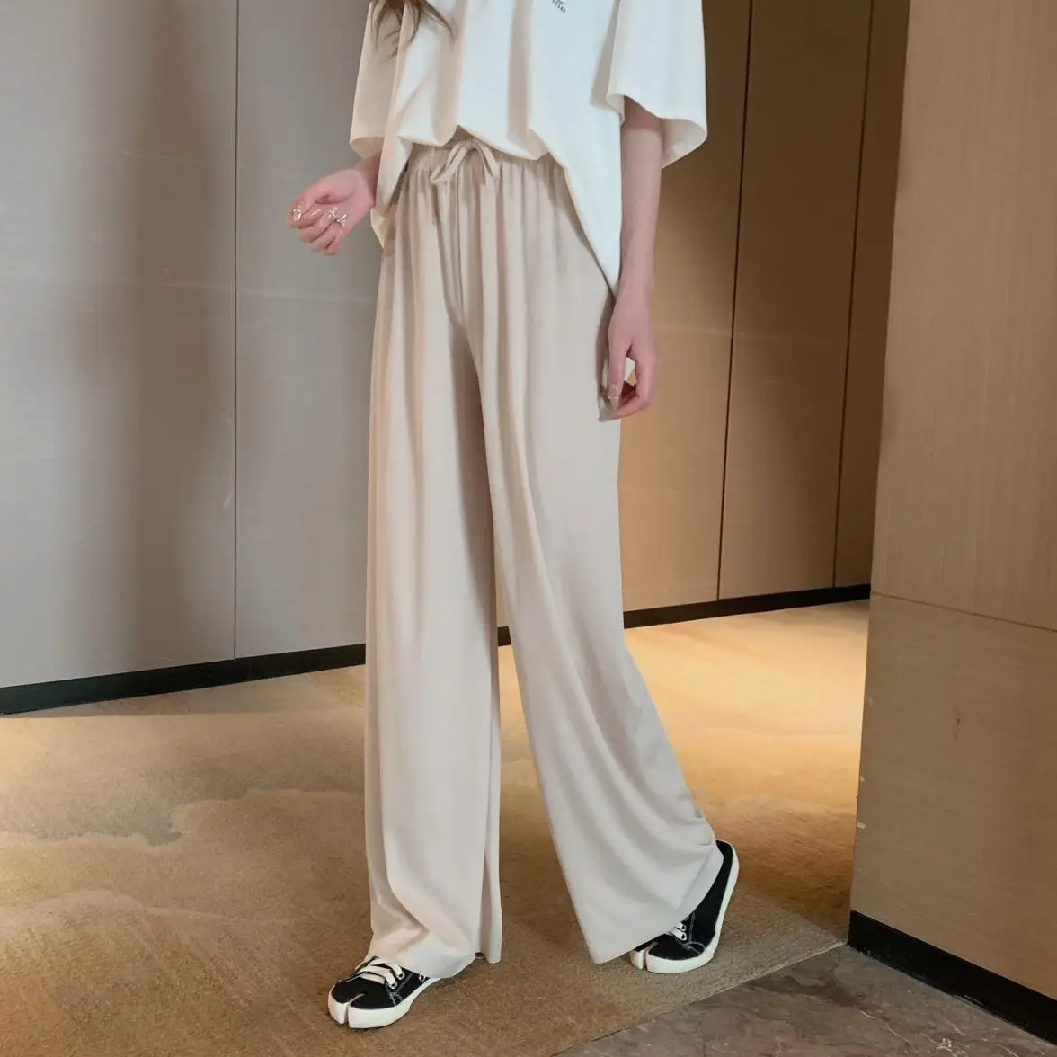 Korean Style Woman Wide-legged Pants Summer Solid Color Floor-length Female Ice Silk Tall Waist Loose Straight Trousers Casual