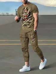 2023 Men's Trousers Tracksuit 2 Piece Set Fashion  Summer Oversized Tops Tees Short Sleeve T Shirt+Long Sweatpants Men Clothing