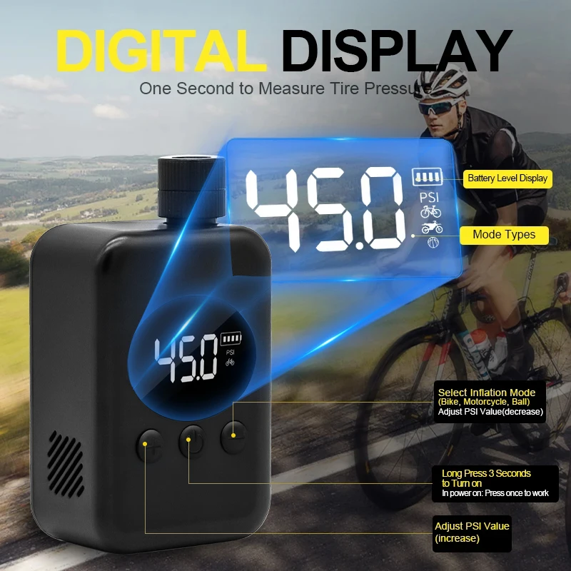 Bike Pump Electric Mini Portable Bicycle Pump With Digital PSI Pressure Gauge Motocycle MTB Road Bike Tire Inflator