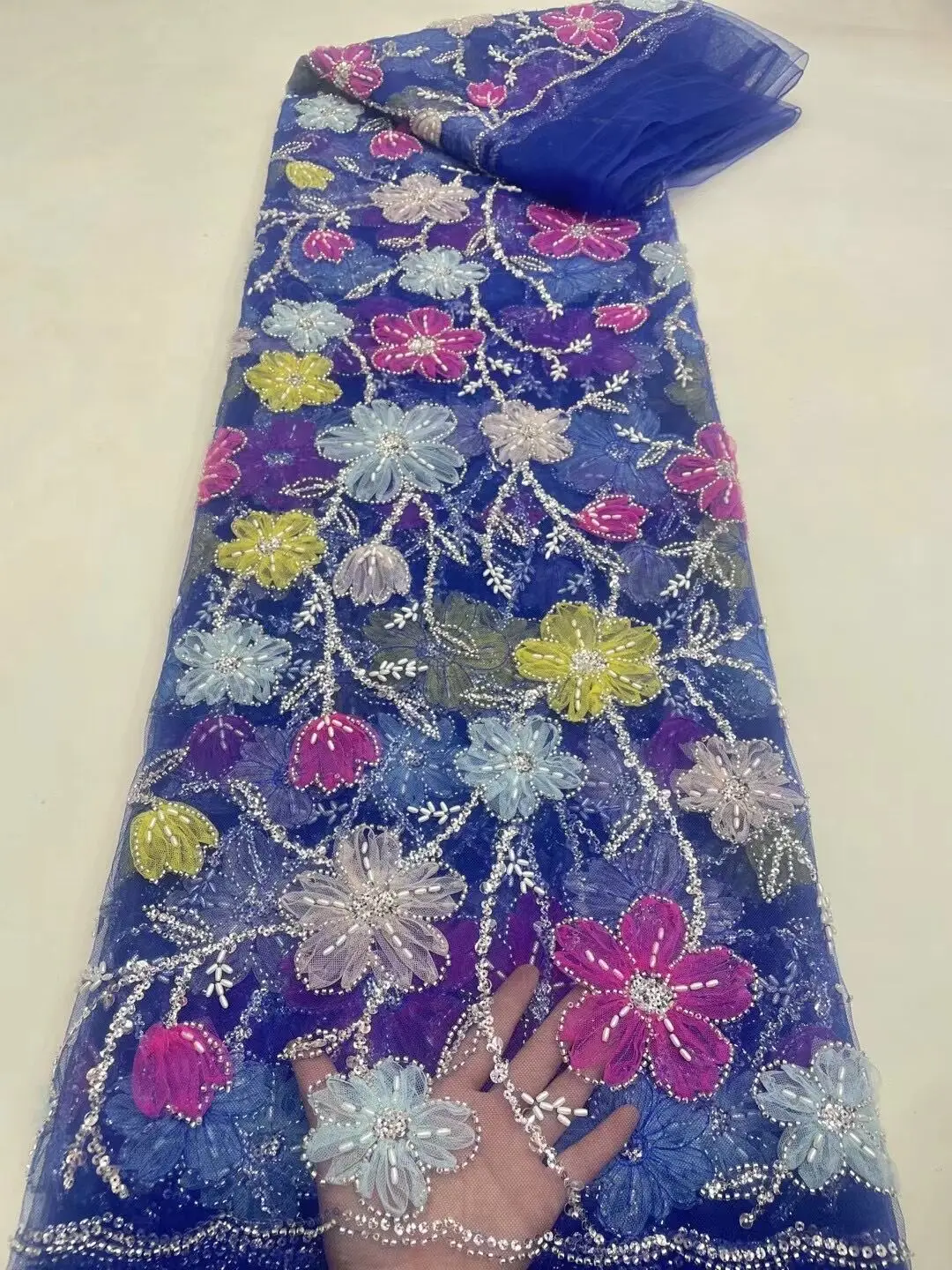 

Luxury African Lace Fabric SYJ-1308703 Beaded Tulle Lace Fabric Embroidered Nigerian Fabric For Sewing