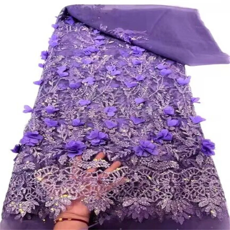 

Purple Latest French 3D Flower Lace Fabric High Quality African Net Mesh Lace Fabric Embroidery Sequins Tissue For Wedding Sew