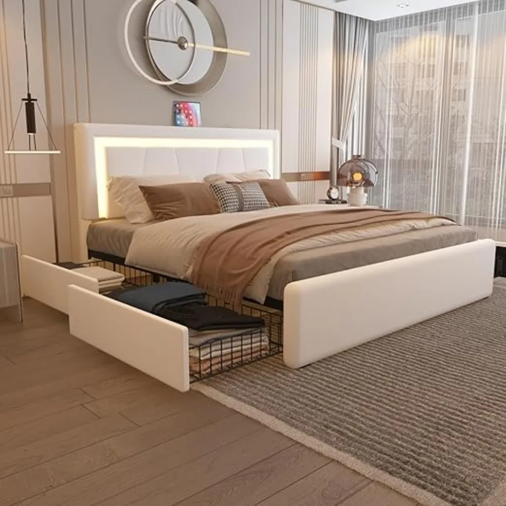 Bed Frame LED Lights 4 Stoarge Drawers Adjustable Headboard Upholstered Platform Bed Type-C&USB Ports