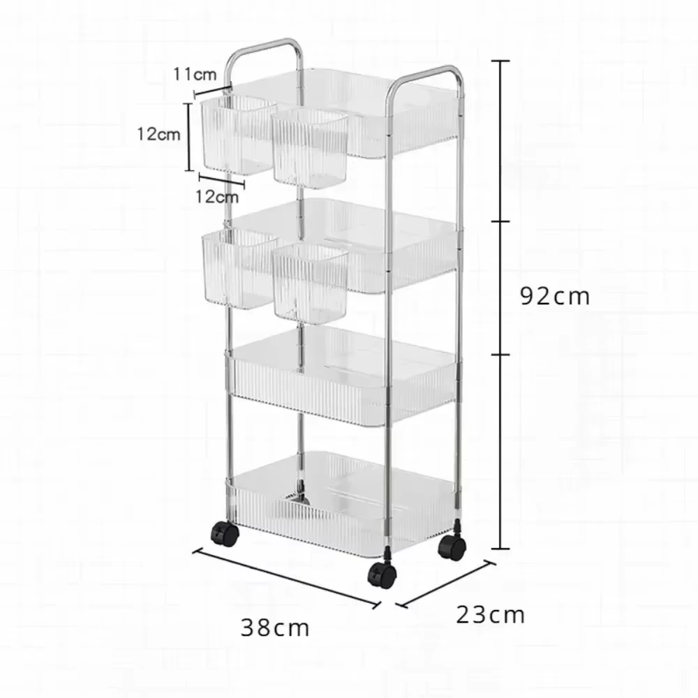UNTIOR Transparent Storage Rack Trolley Transparent Acrylic Rolling Cart with Hanging Basket Bathroom Acrylic Makeup Bookshelf