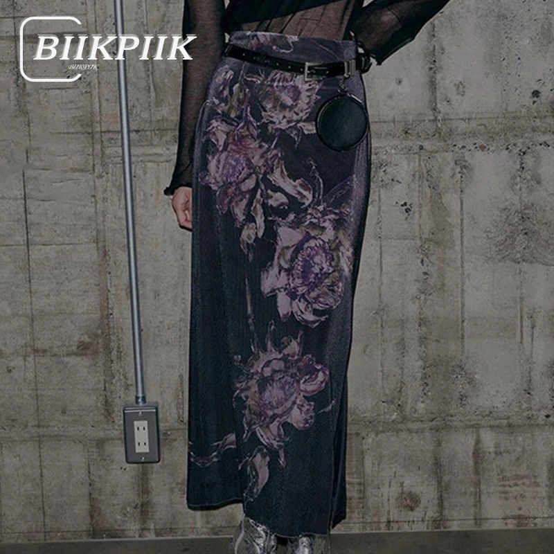 BIIKPIIK Floral Printed Basic Women Skirts Casual Purple Vent Straight Maxi Skirt Vintage Elegant Female Bottom Clothing Fashion casual straight jeans women s jeans women s baggy wide leg trouser high waist fashion pink streetwear straight printed jeans